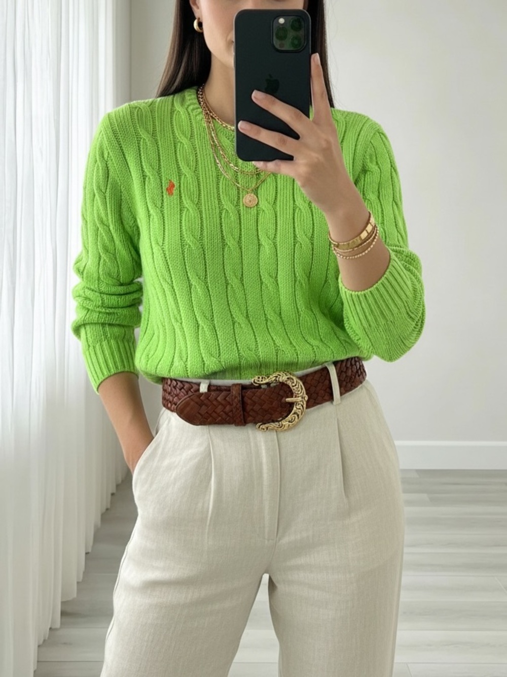 Polo Ralph Lauren Lime Green Cable Knit Sweater Size L